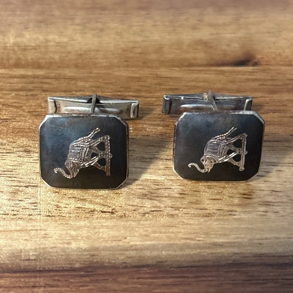 Siam Niello Pre 1950 Sterling Silver Elephant Cufflinks & Tie Clip Set